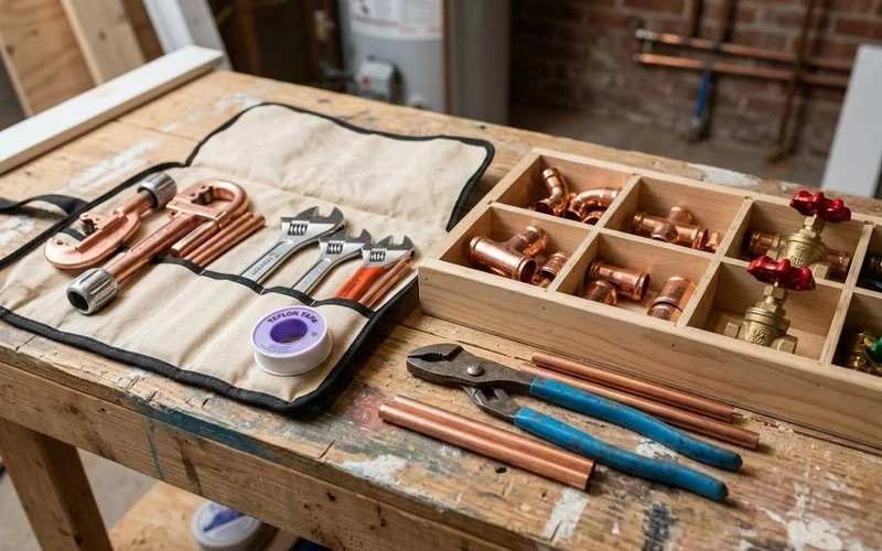 Plumber tools and copper pipe fittings on a workbench