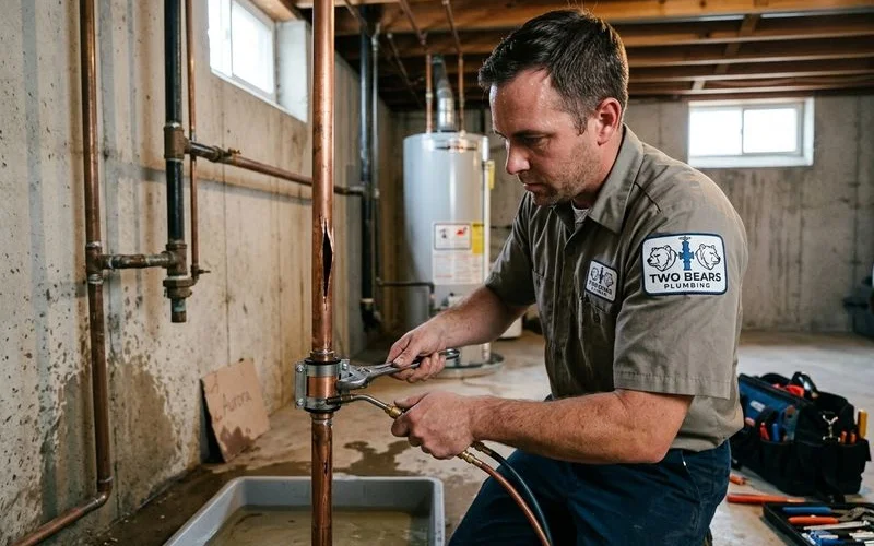 Emergency plumber working on burst pipe repair