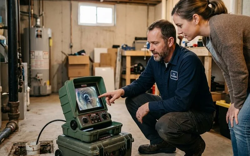 Plumber showing homeowner sewer camera results