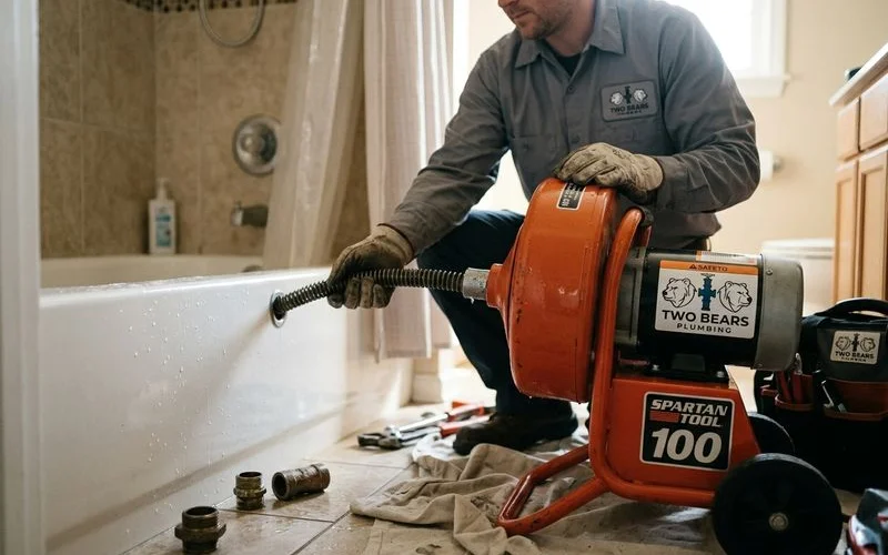Professional drain cleaning machine next to a bathtub drain