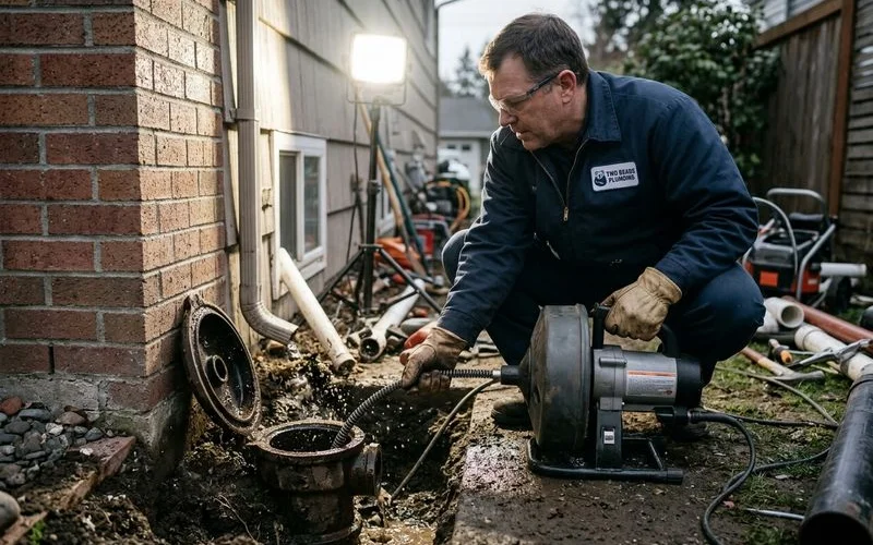 Plumber performing drain cleaning service