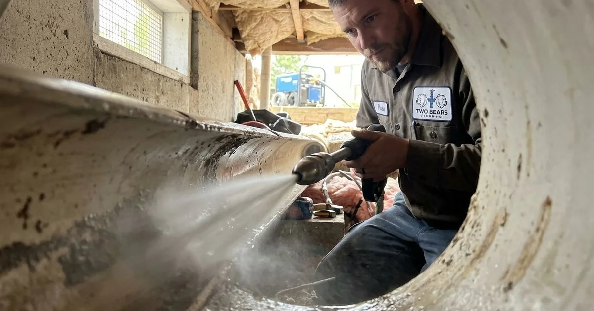 Hydro-jetting nozzle cleaning the inside of a sewer pipe with a high-pressure water stream