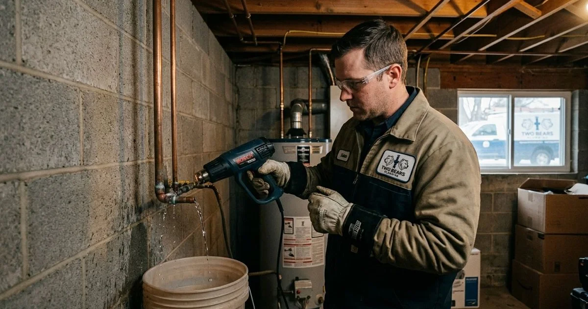 Professional plumber thawing a frozen pipe in an Aurora, CO basement