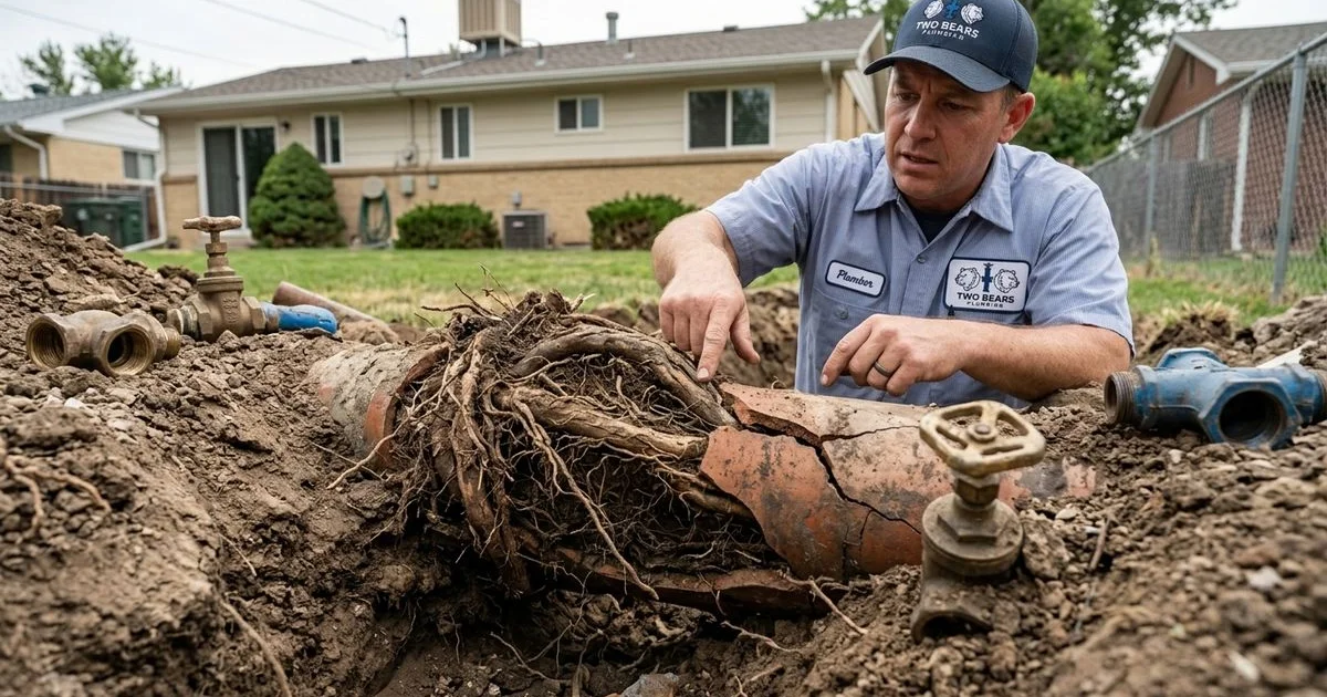 Tree roots intruding through a cracked clay sewer pipe from an Aurora, CO home